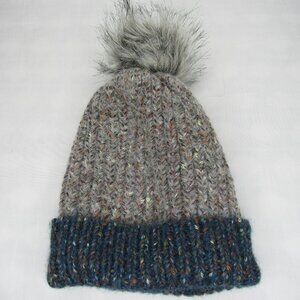 Duluth Fleck Knit Beanie Pom Pom Hat Blue Gray Faux Fur Women's Small Medium